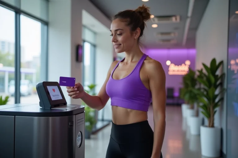 Jeune femme scannant sa carte d'abonnement Basic Fit sans engagement à l'entrée d'une salle de sport moderne