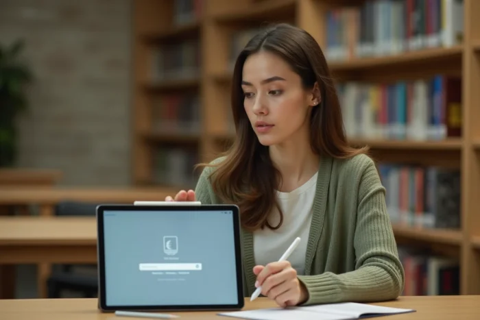 Utilisatrice accédant à sa messagerie académique via le système PIAL Nancy Metz sur une tablette dans un centre de ressources