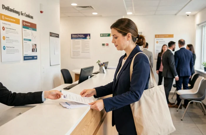 Femme déposant des documents à l'accueil d'une agence CPAM Montpellier