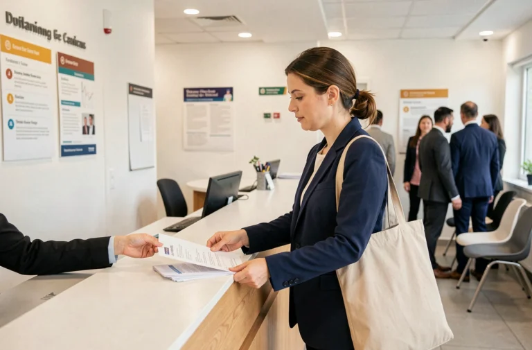 Femme déposant des documents à l'accueil d'une agence CPAM Montpellier