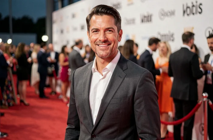 Portrait d'un acteur élégant en costume sombre lors d'un événement officiel, style Peter Scanavino sur tapis rouge