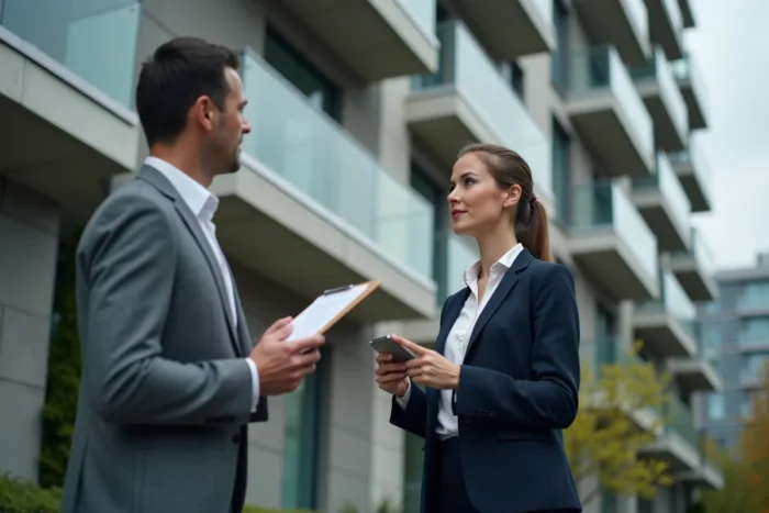 Agent immobilière présentant un immeuble moderne à un client devant la façade en verre et béton
