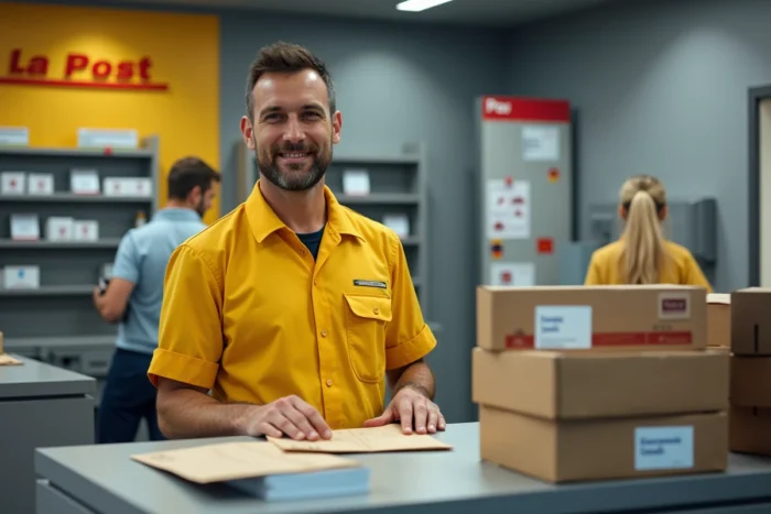 Agent postal en bureau de poste français triant des lettres et enveloppes, représentant les services d'affranchissement La Poste