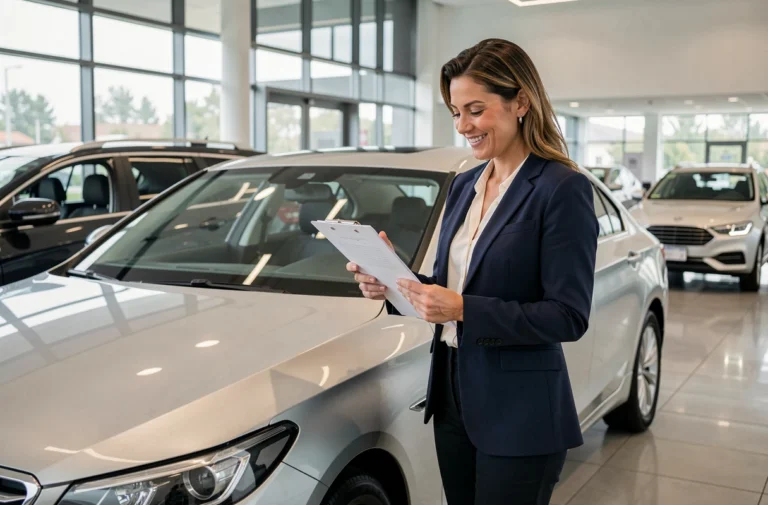 Agent de la fonction publique signant les documents de financement d'une voiture neuve dans une concession automobile moderne