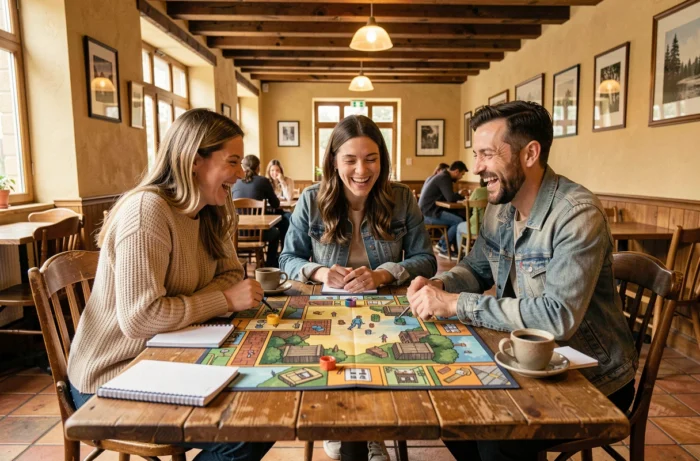 Groupe d'amis jouant à un jeu de plateau type escape game dans un café chaleureux, loisir innovant et convivial entre amis