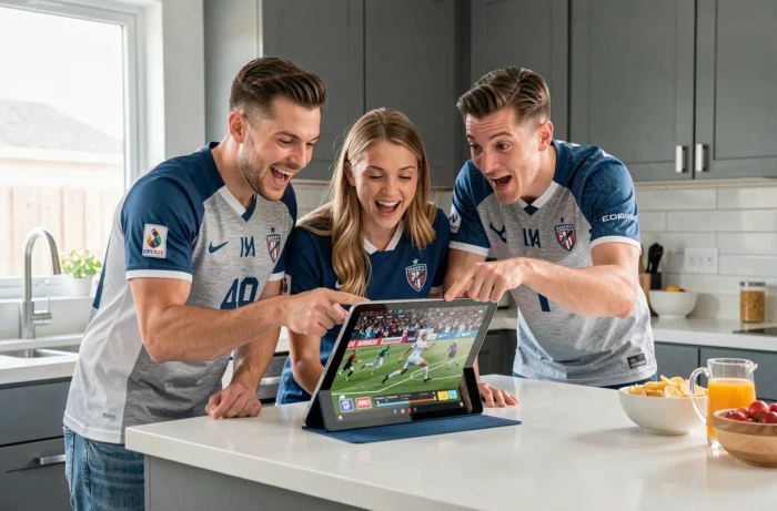 Groupe d'amis regardant un match sportif en streaming sur une tablette dans une cuisine moderne