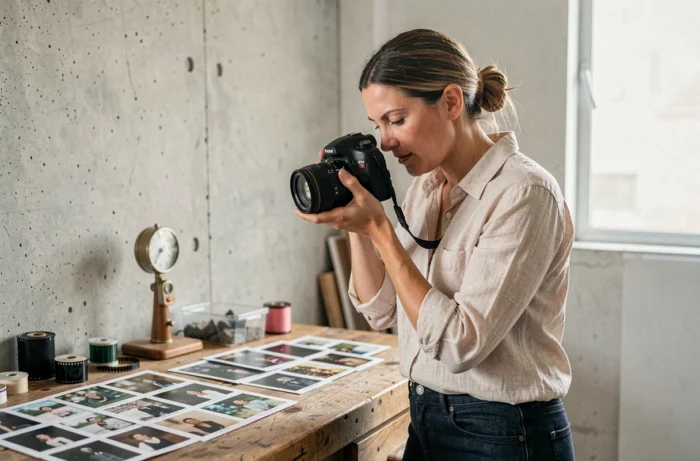 Photographe professionnelle Anna Dray examinant ses clichés dans un studio éditorial avec murs en béton brut et planches-contacts éparpillées