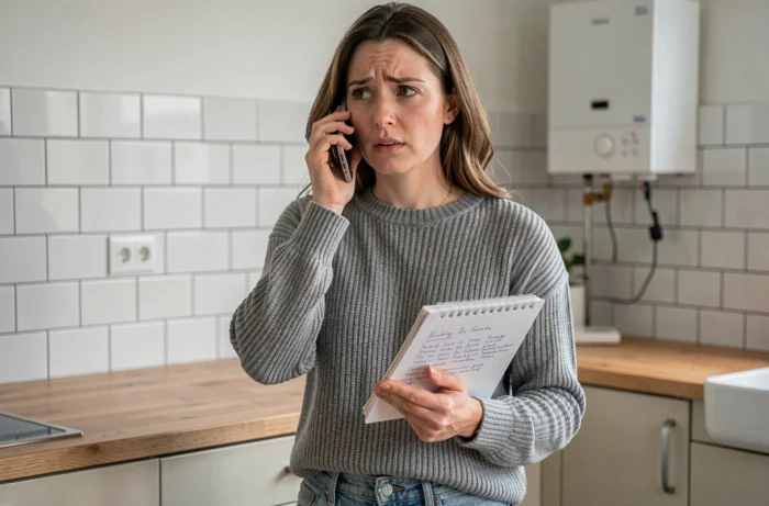 Femme appelant un technicien en urgence suite à une panne de chauffage à Bruxelles