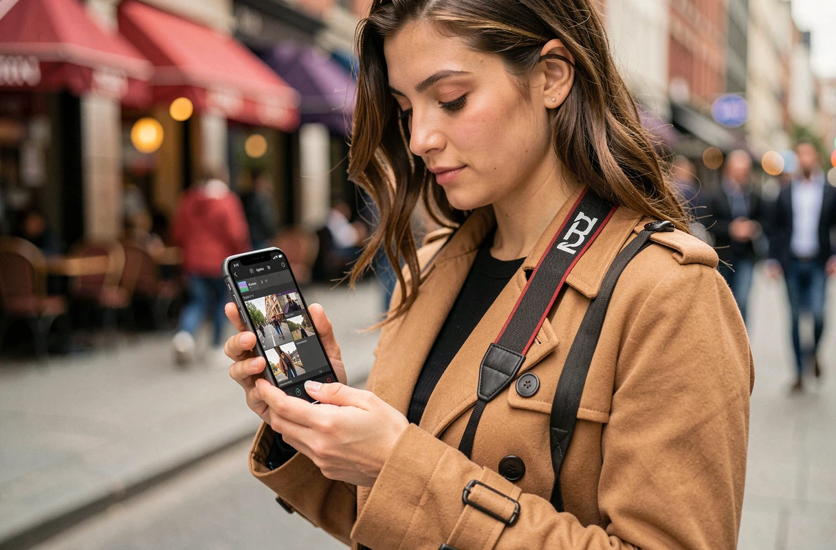 Photographe utilisant l'application Adobe Lightroom Mobile en extérieur dans une rue urbaine