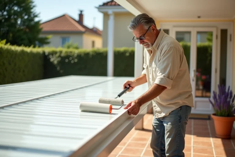 Homme appliquant une peinture réfléchissante blanche sur un toit en polycarbonate pour le rafraîchir en été