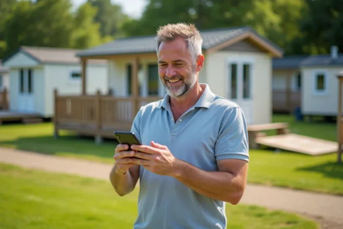 Homme consultant l'application Siblu Connect sur smartphone dans un parc de vacances en plein air