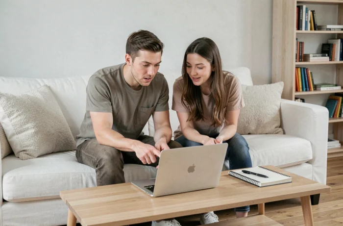 Deux personnes apprenant la programmation ensemble en regardant un ordinateur portable dans un salon minimaliste