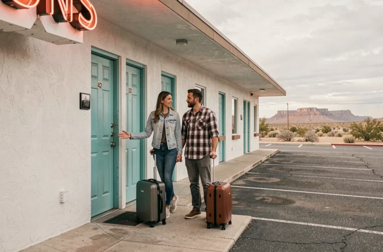 Couple arrivant à l'entrée d'un motel en bord de route avec leurs bagages, illustration des services d'accueil et du cadre typique d'un motel américain