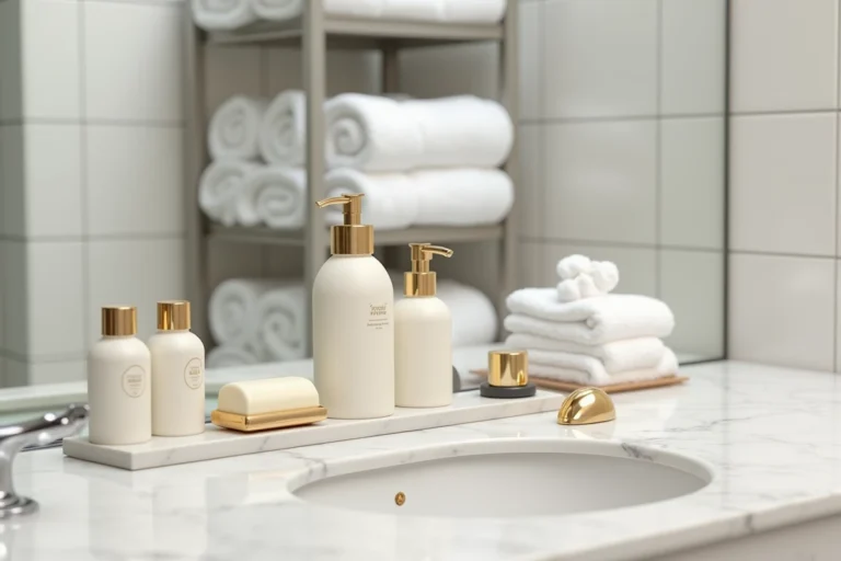 Articles de toilette gratuits disposés sur un comptoir en marbre dans une salle de bain d'hôtel de luxe