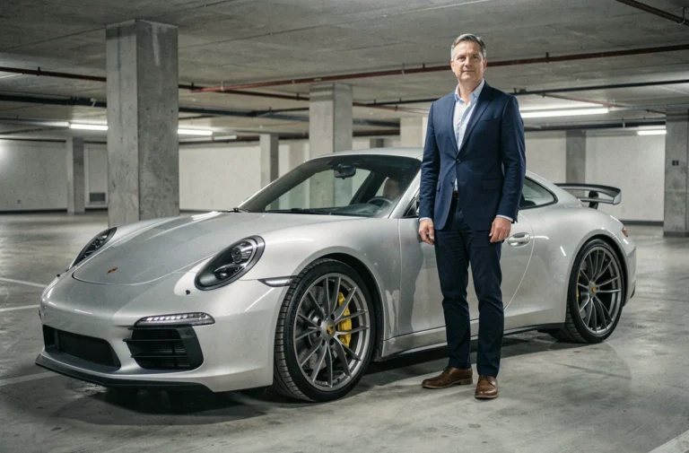 Homme en blazer marine debout à côté d'une Porsche 911 Carrera argentée dans un parking souterrain, illustrant le choix d'une assurance auto adaptée aux voitures de sport premium