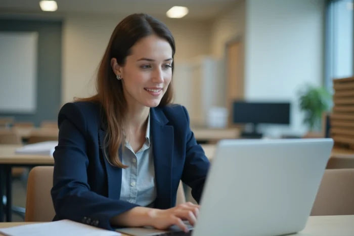 Enseignante connectée à sa messagerie académique PIAL Nancy Metz sur un ordinateur portable dans un bureau administratif scolaire