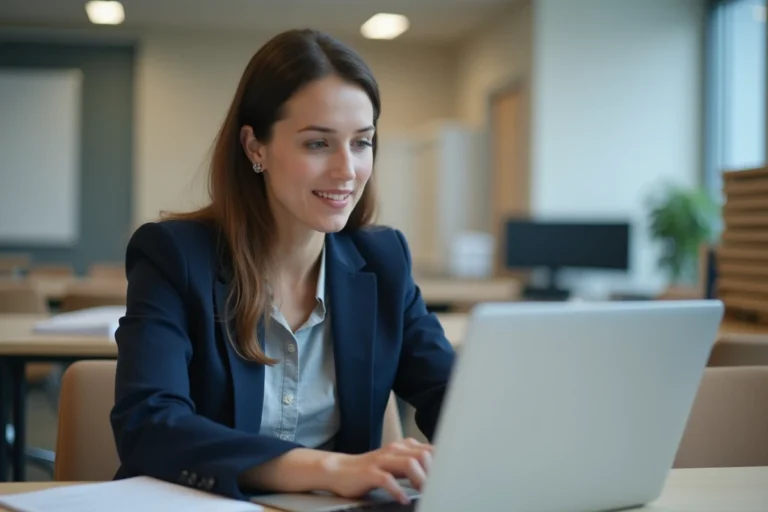 Enseignante connectée à sa messagerie académique PIAL Nancy Metz sur un ordinateur portable dans un bureau administratif scolaire