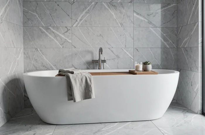 Baignoire grande largeur autoportante en acrylique blanc mat dans une salle de bain moderne au carrelage marbré gris