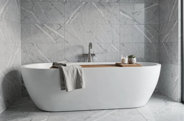 Baignoire grande largeur autoportante en acrylique blanc mat dans une salle de bain moderne au carrelage marbré gris