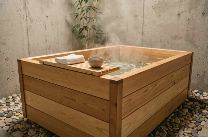 Baignoire japonaise grande largeur en bois de teck dans une salle de bain style spa au béton et galets naturels