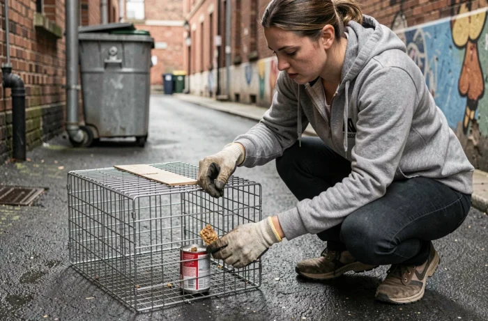 Bénévole de sauvetage animal plaçant un appât dans une cage de trappage dans une ruelle urbaine