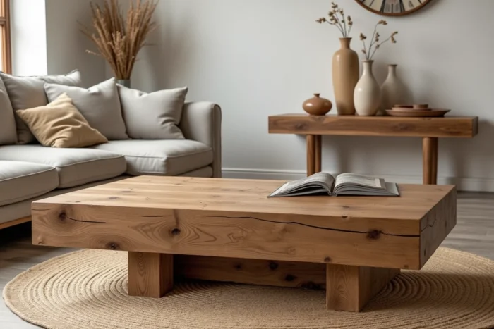 Table basse en bois brut vieilli et console en bois naturel intégrées dans un salon au style naturel et chaleureux