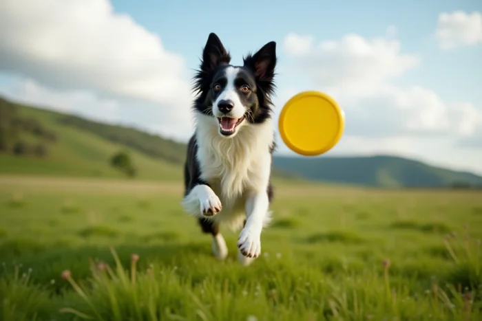 Border collie attrapant un frisbee dans un pré ouvert, illustration de l'activité physique et des jeux avec les chiens