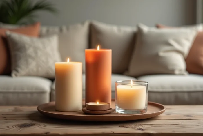 Composition de bougies parfumées sur plateau en céramique et table basse en bois pour une ambiance olfactive et visuelle douce