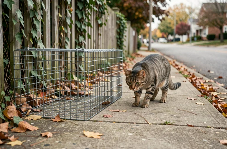 Cage de trappage humaine posée sur un trottoir avec un chat errant tigré s'en approchant prudemment