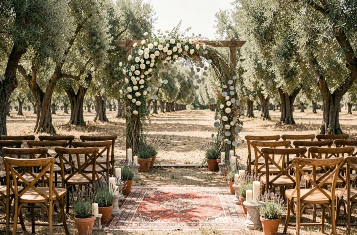 Allée de cérémonie de mariage en plein air décorée avec une arche en bois fleurie, des tapis persans vintage et des pots de lavande dans un oliveraie