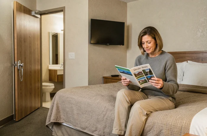 Femme dans une chambre de motel typique examinant les informations locales, montrant la sécurité et l'aménagement intérieur standard d'un motel