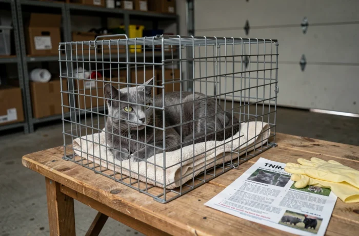 Chat errant gris capturé au repos dans une cage de trappage posée sur une table de garage avec brochure TNR