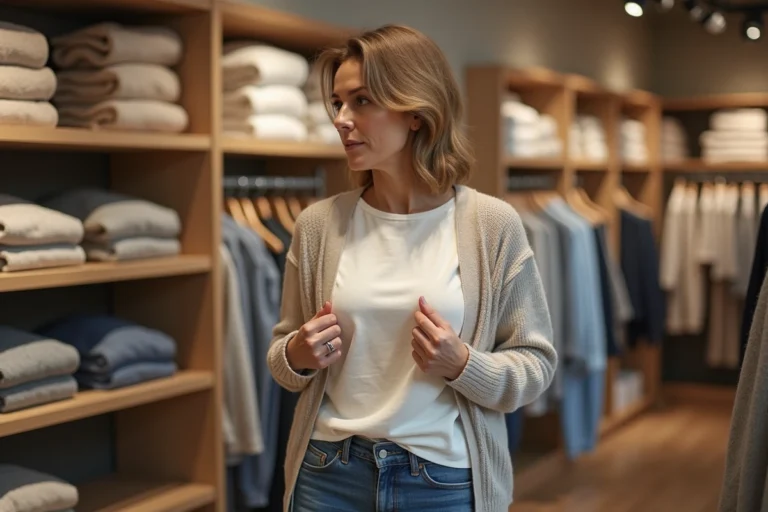 Femme d'une cinquantaine d'années vérifiant la taille d'un haut thermique Damart dans un magasin de vêtements