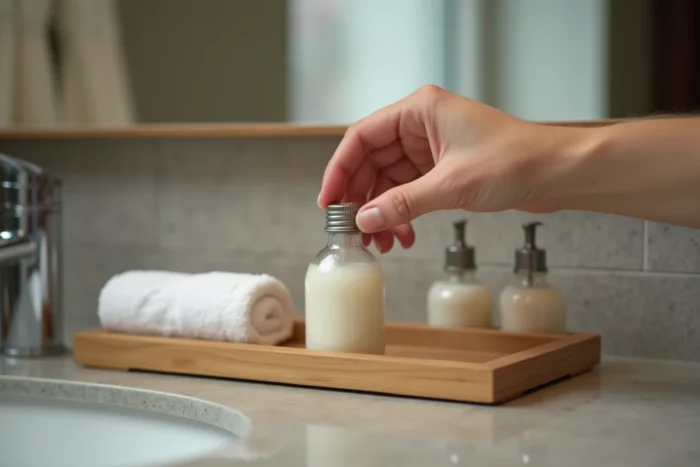 Main d'un client d'hôtel saisissant un flacon de soin capillaire gratuit sur un plateau en bois