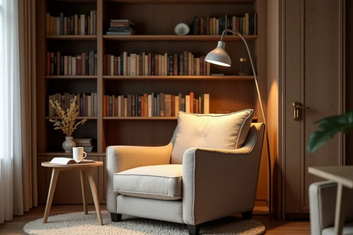 Coin lecture douillet avec fauteuil enveloppant en bouclé, table d'appoint, livre ouvert et bibliothèque en bois