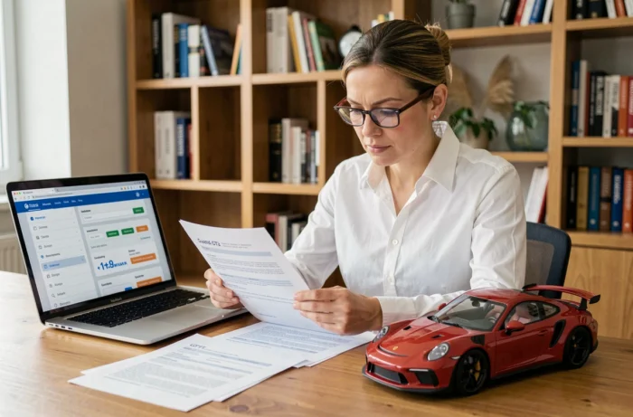Femme consultant des documents d'assurance auto pour une Porsche 911 sur son bureau à domicile avec une maquette de voiture de sport, symbolisant la comparaison des offres d'assurance spécialisées