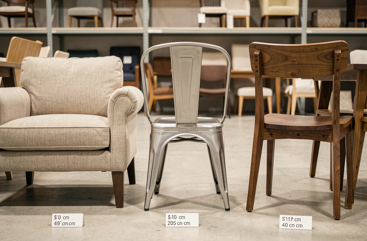 Comparaison de trois types de chaises avec étiquettes de dimensions dans un showroom de mobilier