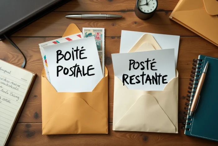 Comparatif visuel entre boîte postale et poste restante avec courriers triés sur un bureau en bois