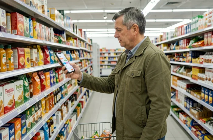 Homme comparant les prix de deux produits en supermarché à l'aide de son smartphone
