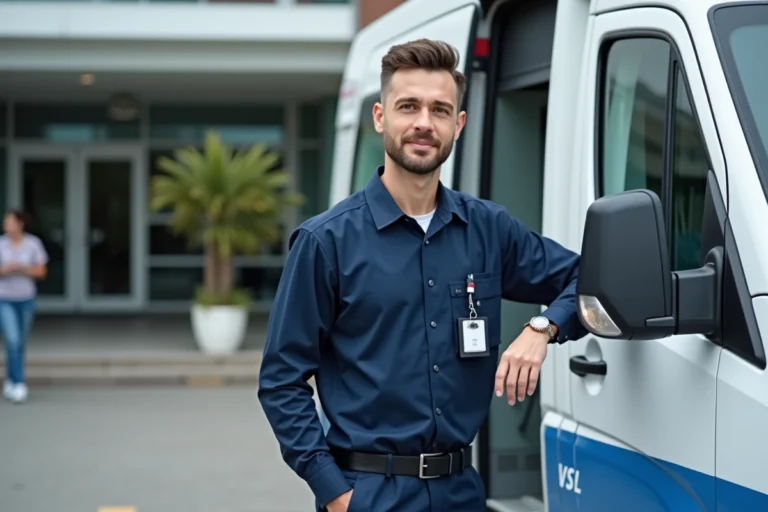 Conducteur VSL en uniforme professionnel debout à côté d'un véhicule sanitaire léger blanc devant un hôpital