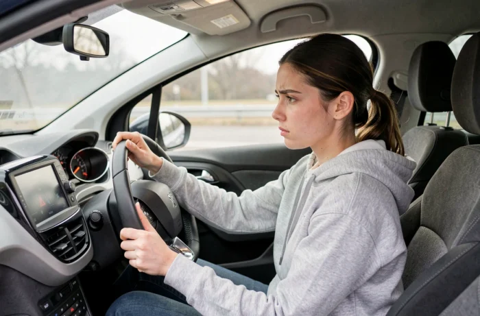 Conductrice de Peugeot 208 observant un voyant allumé sur le tableau de bord