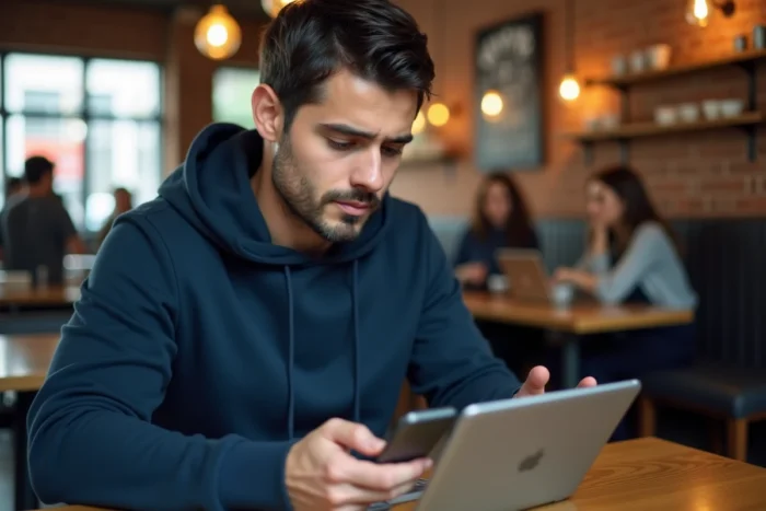 Homme configurant un compte sur les réseaux sociaux avec un smartphone dans un café urbain