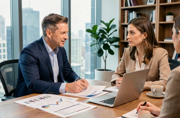 Conseiller financier expliquant un plan de gestion financière personnelle à une cliente dans un bureau moderne
