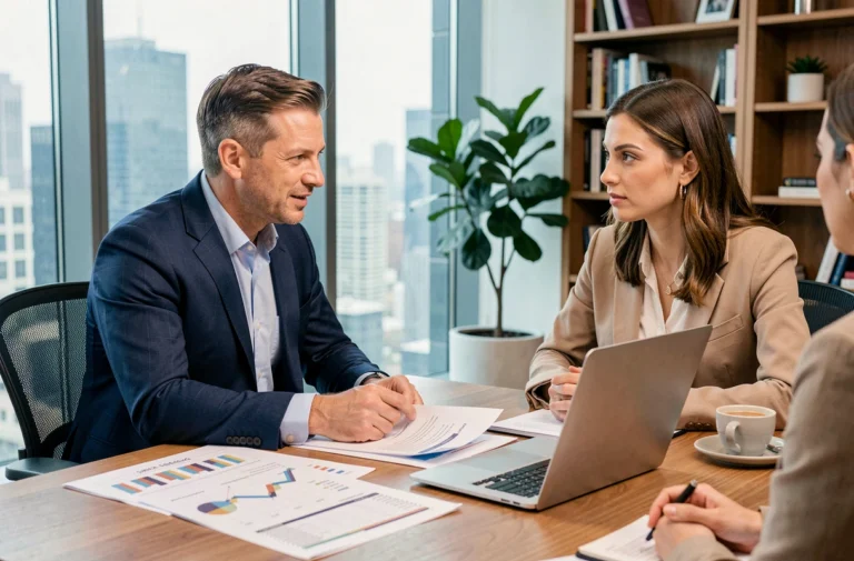Conseiller financier expliquant un plan de gestion financière personnelle à une cliente dans un bureau moderne
