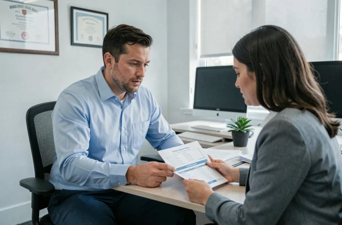 Homme consultant un conseiller en assurance pour choisir sa mutuelle santé dans un bureau professionnel