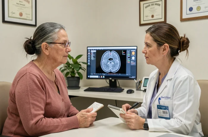 Patiente en consultation neurologique discutant de sa leucopathie vasculaire Fazekas 3 avec son médecin