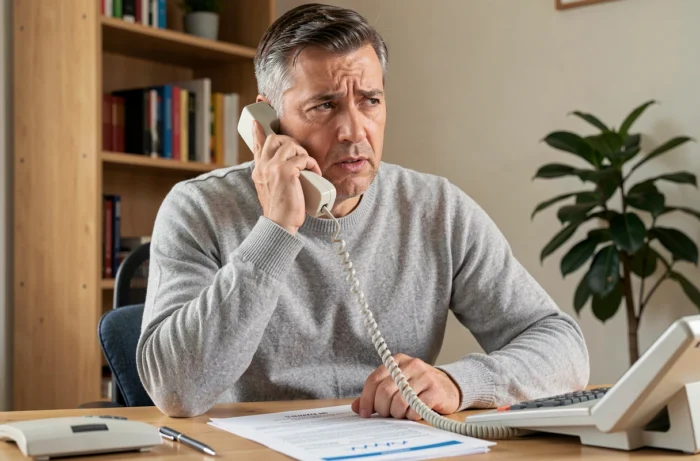 Homme contactant la CPAM par téléphone depuis son domicile