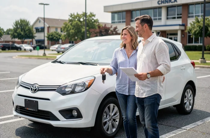 Couple d'agents de la fonction publique devant leur nouveau SUV financé grâce au CGOS