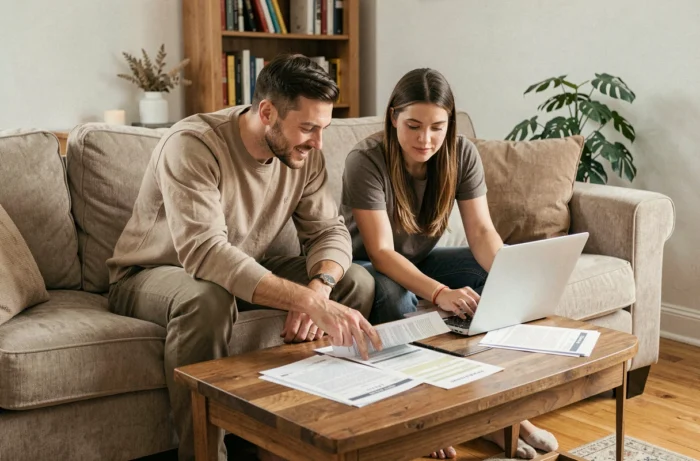 Couple passant en revue leurs factures et leur budget familial ensemble dans leur salon