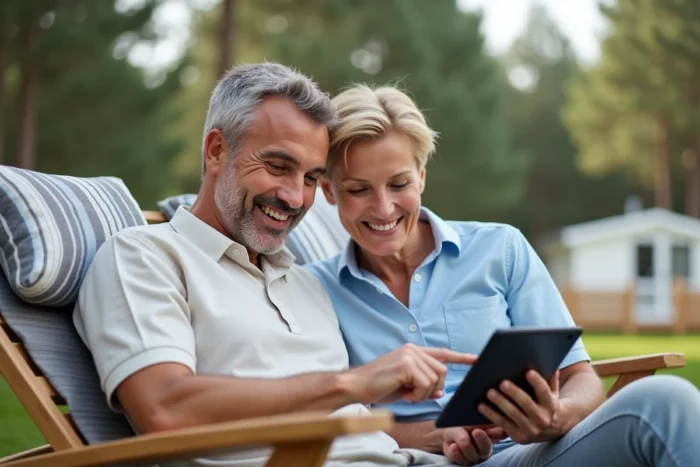 Couple planifiant leurs vacances en gérant leur compte Siblu Connect sur une tablette en terrasse